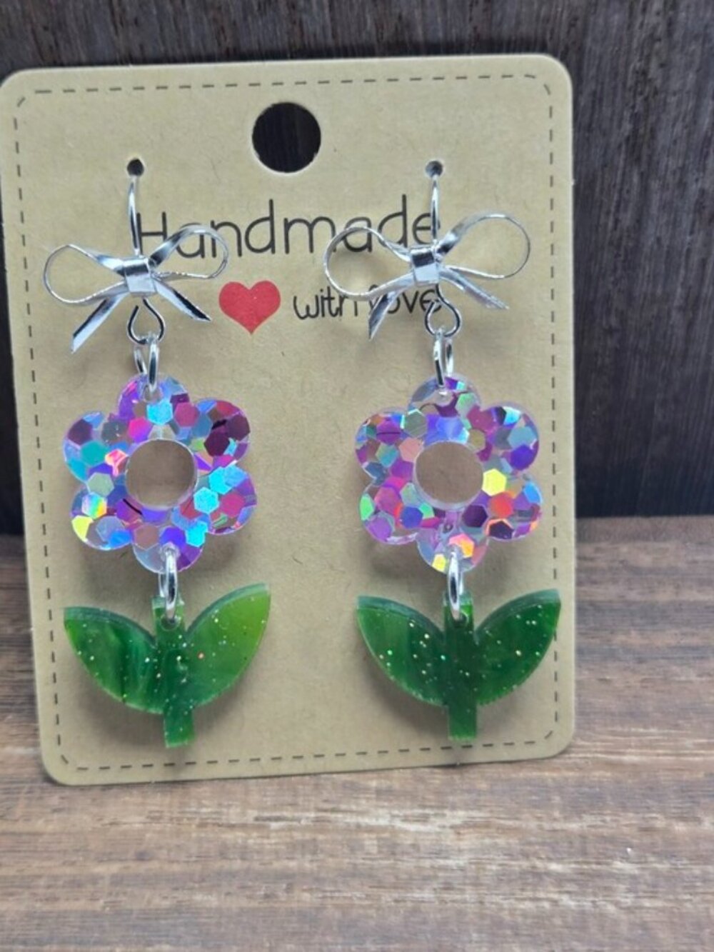 NWT Sparkle Flower Earrings Pierced Silver Tone Bow Cottagecore Dangle Drop OOAK